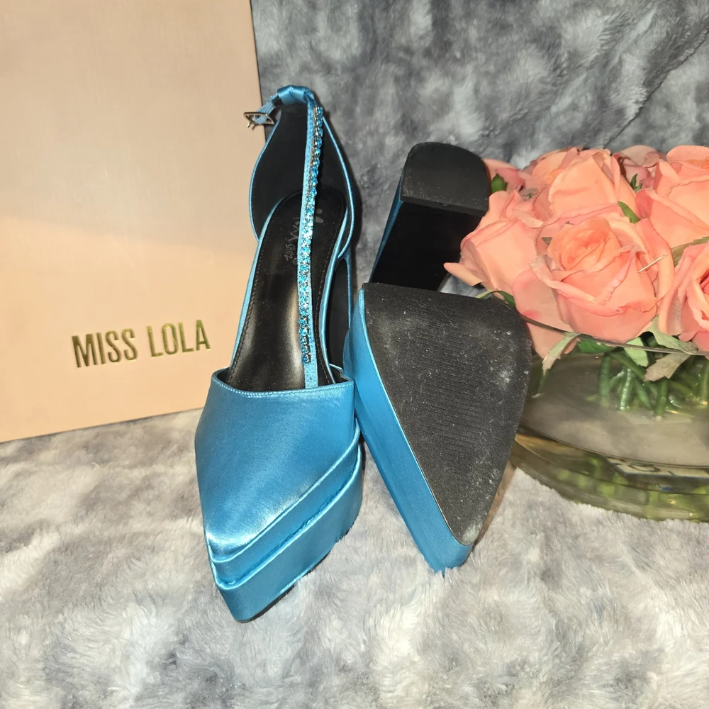 Miss Lola Teal Satin Platform Shoes - Picture 2 of 3